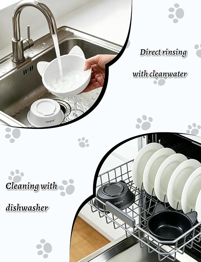 YINEYA Elevated Cat Bowls 2 Pcs, Cat Food Bowl to Protect Neck & Anti-Vomit, Whisker-Friendly Raised Food and Water Bowls Set for Indoor Cats/Small Dogs, Cute Pet Feeding Bowl 6 OZ Each, Black&White - Image 7