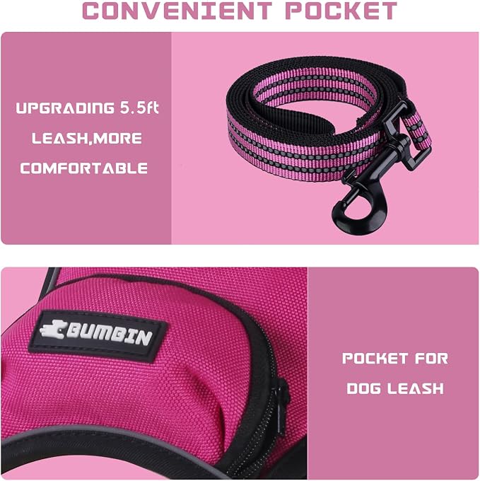 BUMBIN Dog Harness for Large Dogs, No Pull Adjustable No Choke Pet Vest with Dog Leash Fit Smart Reflective Pet Walking Harness for Training Easy Control Soft Handle Rose Red M - Image 2
