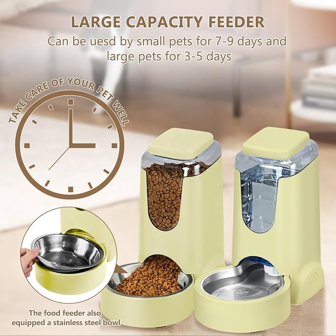 HWONMTE Portable Automatic Cat Feeder and Water Dispenser with Stainless Steel Bowl Dog Gravity Food Feeder and Waterer for Small Medium Pets Puppy Kitten 1 Gallon x 2 (Cream Yellow) - Image 5