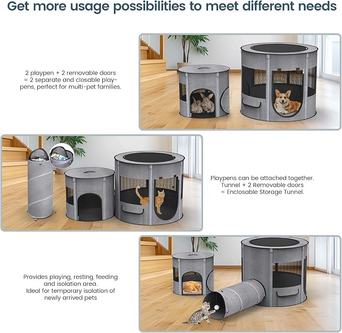 Portable Cat Playpen with Tunnel, 3 in 1 Foldable Puppy Play Pen, Waterproof Bottom, Enclosed 2-Room Separable Pet Tent for Indoor/Outdoor, Multi-Purpose Enclosure Crate Cage for Kitten Dog Rabbit - Image 3