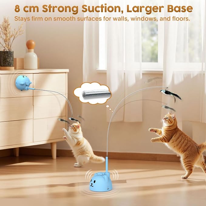 Interactive Cat Toys for Indoor Cats, 360° Automatic Spin Flying Bird Wand | 8cm Suction Cup & Weighted Base, Silicone-Protected Rod, USB Rechargeable with Replaceable Feather & Streamer Attachments - Image 2