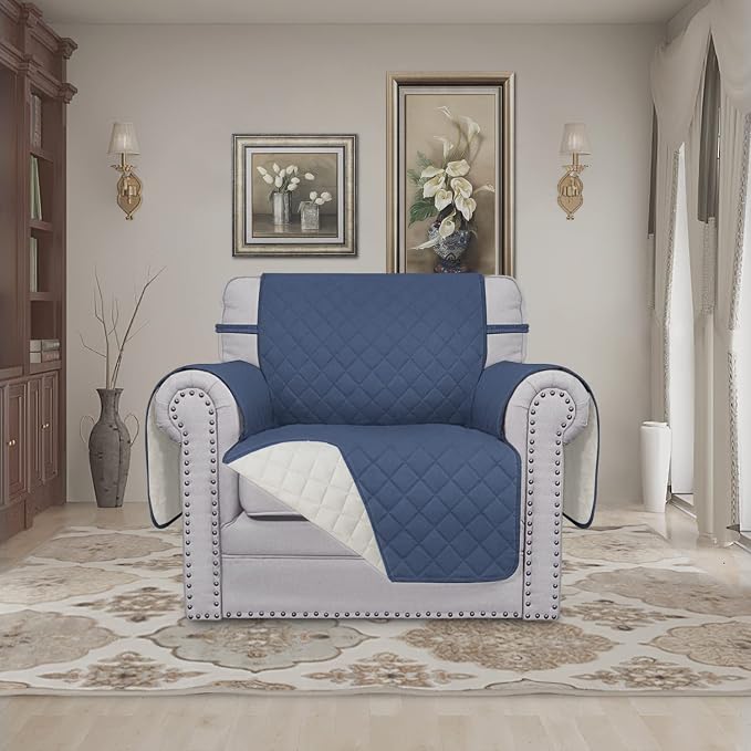 Easy-Going Reversible Couch Cover, Small Chair, Dark Blue/Ivory | Machine Washable Slipcover For Dogs, Water Resistant Furniture Mat For Living Room, Non-Slip Sofa Cover, Pet Friendly - Image 2