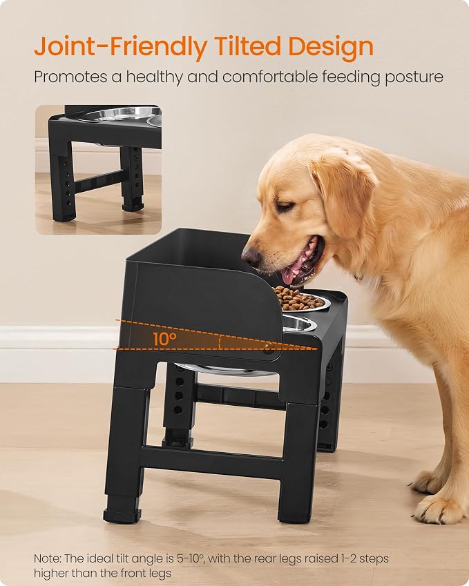 Feandrea Dog Bowls Elevated, Adjustable Height, Tilted Design | Raised Stand, 1 Slow Feeder, Two 304 Stainless Steel Bowls, Ink Black, BOXAL Collection UPRB104B101 - Image 5