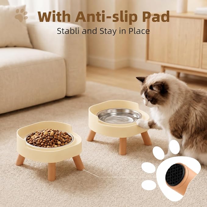 Elevated Cat Bowls, 2P Raised Cat Food and Water Bowl Set for Indoor Cats, Splash Proof with 2 Stainless Steel Pet Food Bowls for Cats ＆ Puppies, Whisker Friendly and Dishwasher Safe - Yellow - Image 5