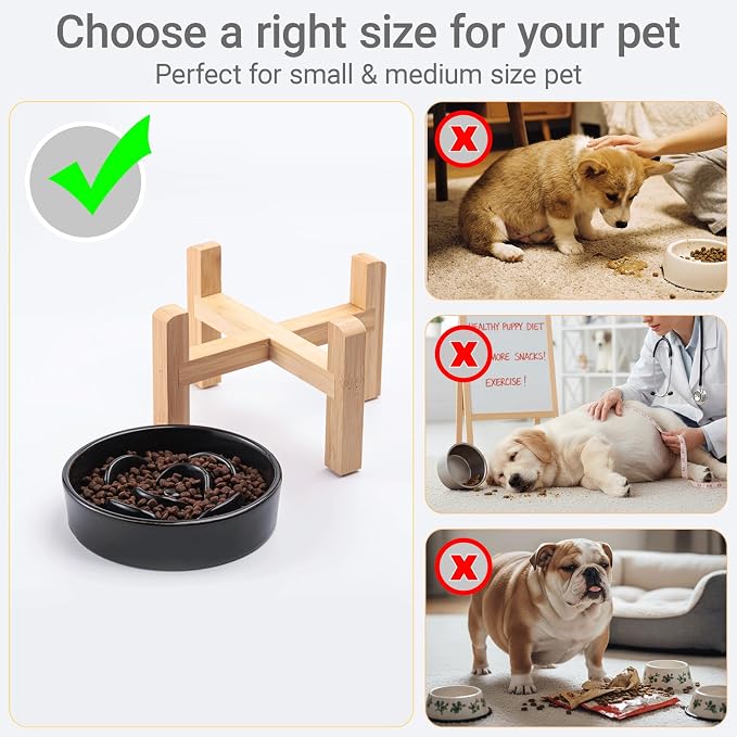 Ceramic Slow Feeder/Dog Bowl for Small Medium Dogs,Elevated/Raised Slow Feeding Dog Food Water Dish Heavy Weighted,Puzzle Eating Bow (Black, 8.26in) - Image 3