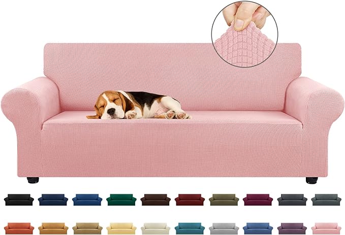 KEKUOU Stretch Couch Covers for Sofa, 3 Cushion Couch Slipcover,Dusty Pink | 1-Piece Washable Sofa Cover Pet Friendly(78"-94") Furniture Protector Soft Jacquard, Elastic Bottom for Dogs & Kids by KEKUOU