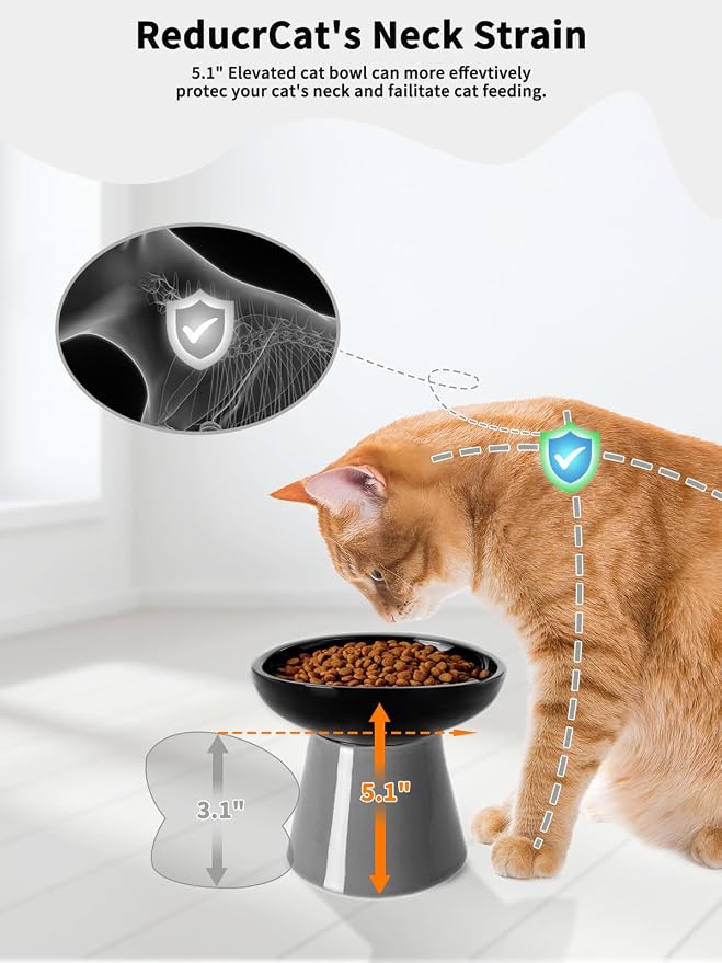 LoeJan Elevated Cat Food and Water Bowls Set, Extra Wide and Raised Ceramic Feeder, Anti-Vomit Whisker-Free Pressure Feeding Bowl for Kittens Adult Small Dogs(Black, 2 Pack) - Image 7