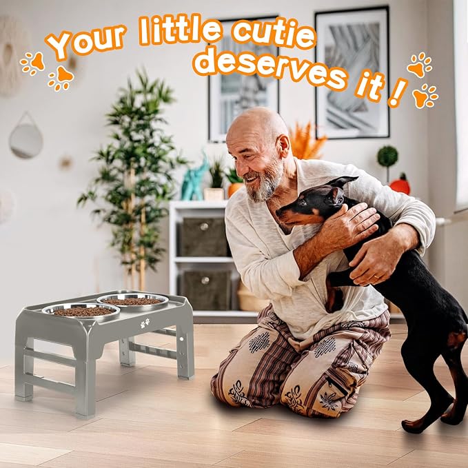 Elevated Bowls, 4 Height Adjustable Raised Stand With 2 Thick 50oz Stainless Steel Food Bowls, Non-Slip Feeder for Dogs, Adjusts to 3.7", 9.2", 10.75", 12.36" Light Brownish Gray - Image 7