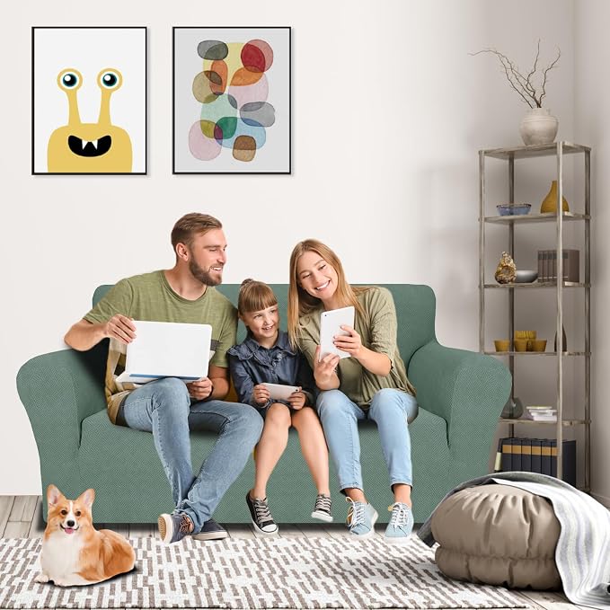 MAXIJIN Loveseat Cover Sofa Covers (55"-69"), 1-Piece Stretch Couch Covers for 2 Cushion Couch Love Seat Slipcover with Elastic Bottom for Kids,Dog (Loveseat, Diamond Pattern Pea Green) - Image 2