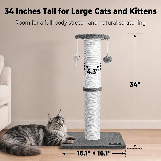 34-Inch Tall Cat Scratching Post for Large Cats, Stable Base, Gray | Heavy-Duty Cat Scratcher, Extra-Tall Thick Post, Soft Natural Cotton Rope, Hanging Interactive Cat Toys, Indoor Cat Furniture - Image 2