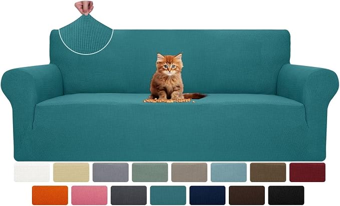 MAXIJIN Super Stretch Couch Cover for 3 Cushion Couch, 1-Piece Universal Sofa Covers Living Room Jacquard Spandex Furniture Protector Dogs Pet Friendly Fitted (Large, Peacock Teal) by MAXIJIN