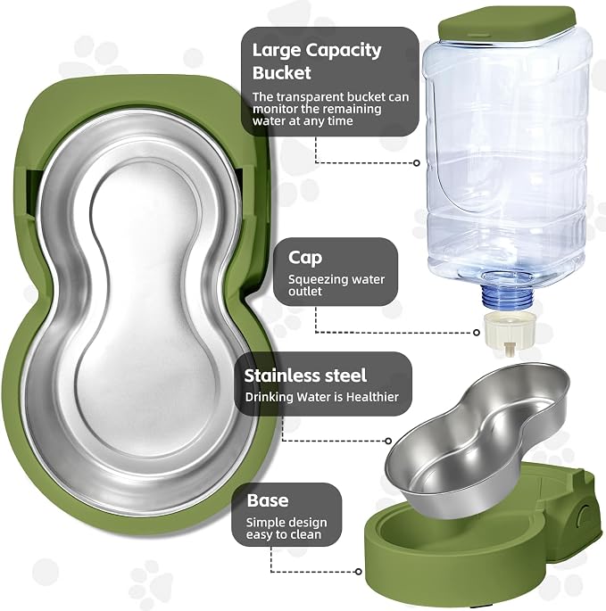 HWONMTE Portable Automatic Cat Feeder and Water Dispenser with Stainless Steel Bowl Dog Gravity Food Feeder and Waterer for Small Medium Pets Puppy Kitten 1 Gallon x 2 (Olive Green) - Image 6