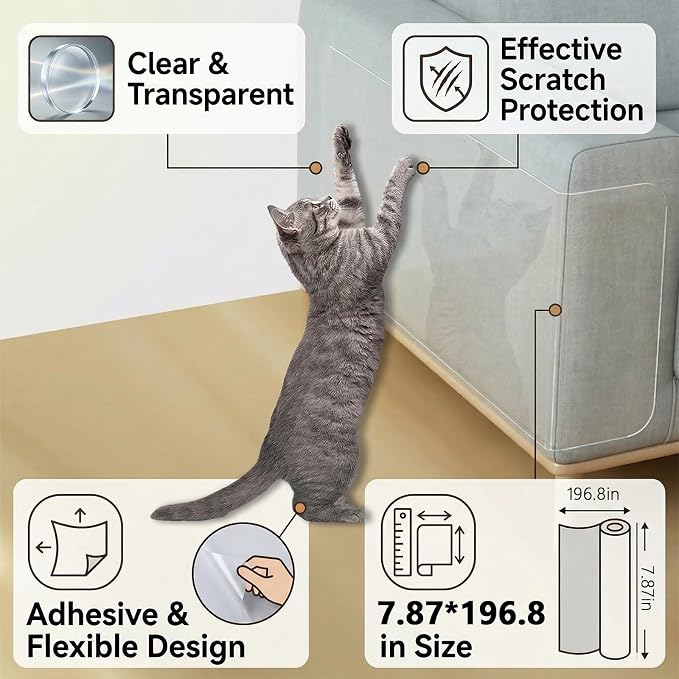 Cat Scratch Furniture Protector, Clear Flexible Plastic Adhesive Cover, Single Side Sticky Sofa Couch Guard, 7.87 x 196.8 Inches - Image 5