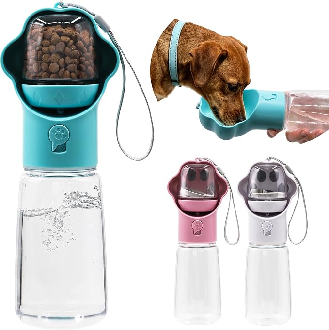 Dog Water Bottle with Food Container, Portable Pet Dispenser, Leak Proof, Hiking, Puppy Travel, Outdoor Activities(18.6 fl.oz/550ml, Blue) by Unknown