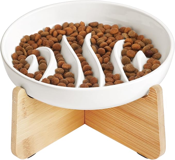 PETTOM Slow Feeder Cat Bowl Elevated Ceramic with Bamboo Stand, Raised Pet Puzzle Dishes for Indoor Cats Small Dog, Anti Vomit Cat Bowl for Wet & Dry Food by PETTOM