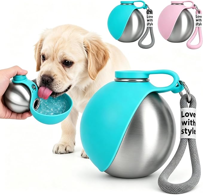 Dog Water Bottle Portable - 2 in 1 Stainless Steel Tumbler with Foldable Round Silicone Ball Bowl, 2-in-1 Leak-Proof Design for Dogs Pet Travel Walking Drinking（Blue） by Unknown