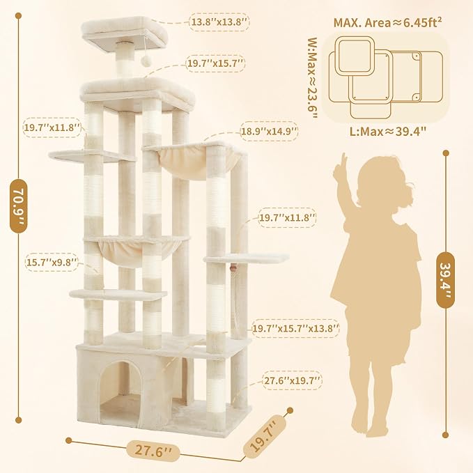 Heybly Cat Tree, 71-Inch Tall Cat Tower for Large Maine Coon Cats HCT03MG | Cat Condo Furniture with Extra-Large Baseboard, Multi-Level Platforms, 2 Hammocks and 12 Scratching Posts, Beige - Image 7