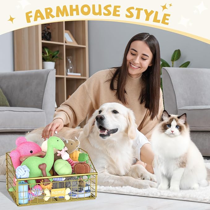Kaiferty Indestructible Dog Toy basket, Small Toy Box for Dogs, Pet Toy Bin Dog Metal Basket for Toys, Toy Storage Organizer, Cat Toy Box for Living Room Area(Gold) - Image 6