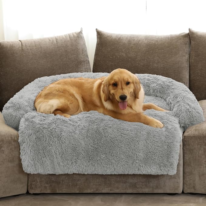 GGIB Calming Dog Bed Fluffy Plush Dog Mat for Furniture Protector with Removable Washable Cover for Large Medium Small Dogs and Cats (Extra Large (53x39.3x6), Grey) by GGIB