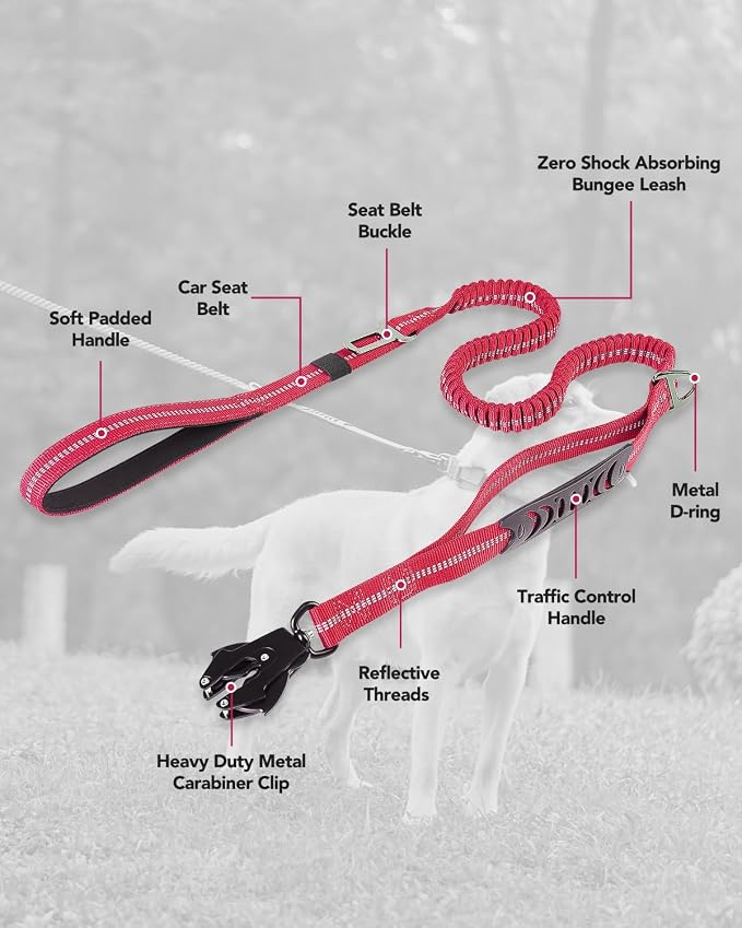 Joytale Tactical Bungee Dog Leash, Shock Absorbing No Pull, Hot Pink | For Large Dogs That Pull, 2 Padded Handles for Control, Car Seatbelt Clip, Reflective for Night Safety, Metal Frog Clip - Image 7