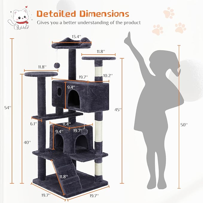Sweetcrispy 54 Inch Cat Tree Tower with Scratching Post, Indoor Use | Multi-Level Cat Tower with Condo with Climbing Ladder, Plush Toy, Play House for Kittens, Dark Grey - Image 7