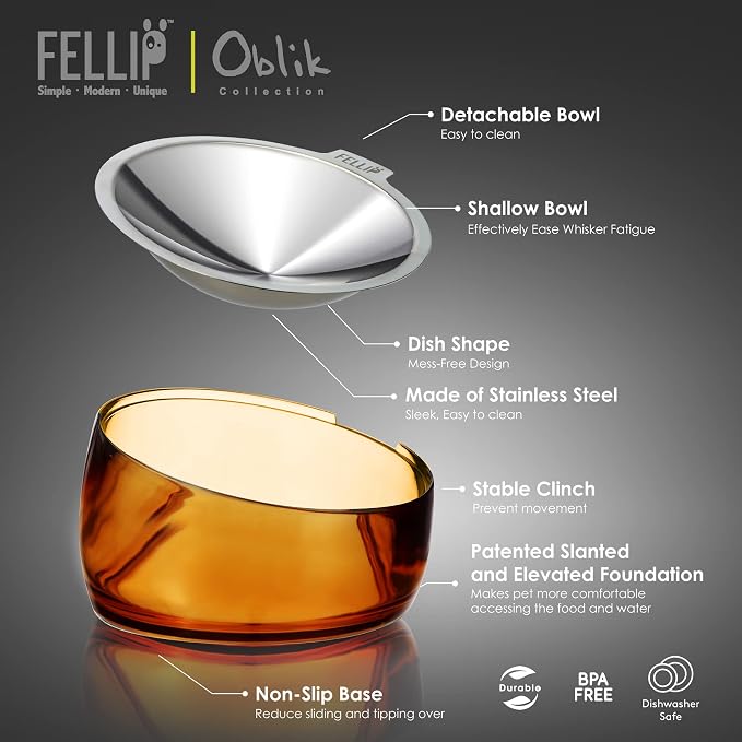 Felli Pet Oblik Whisker Fatigue Cat Food Bowl Raised Stainless Steel Shallow Dish, Pet Design Anti Vomit Tilted Metal Plate Feeder Elevated Acrylic Base for Treats Storage(Gold, 0.5 Cups Shallow Dish) - Image 6