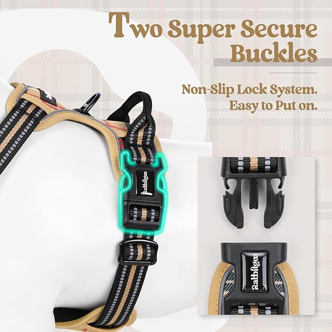 rabbitgoo Dog Harness, No Pull Medium Sized with 2 Leash Clips, Pet Vest | No Choke with Handle, Adjustable Soft Padded, Reflective, Easy Control for Walking, Beige Plaid, Medium - Image 3
