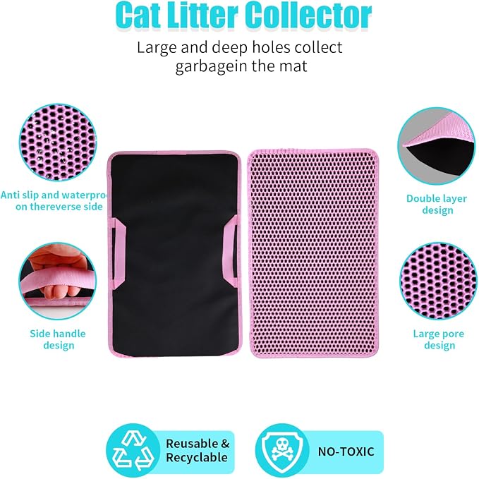 Cat Litter Mat 23"x14.5", Double Layer Waterproof Litterbox Mat, Pink | Non-slip backing, washable for easy cleanup, traps stray litter with waterproof honeycomb large grid that is urine-proof. - Image 2