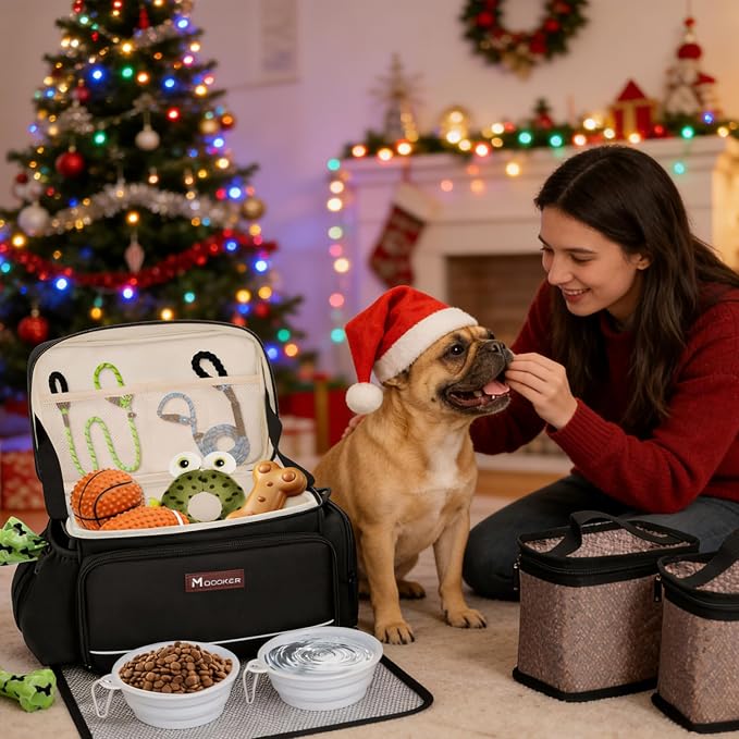Modoker Large Dog Travel Bag Set with 2 Bowls and Food Bags, 17L Black | Large Pet Travel Organizer with 2 Food Containers, 2 Collapsible Bowls, Feeding Mat, Multiple Pockets and Adjustable Flap - Image 8