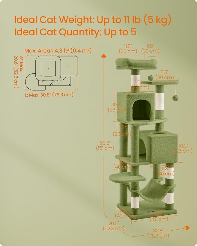 Feandrea Cat Tree, 59.5-Inch Tall Cat Tower, Plush Multi-Level Condo with 5 Scratching Posts, 2 Perches, 2 Caves, Hammock, 2 Pompoms, Grass Green UPCT192C02 - Image 5