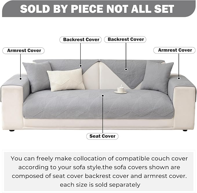 vctops Cotton Quilted Couch Covers for Sectional Sofa (Grey,43"x63") | Geometric Washable Non Slip Sofa Slipcover for Dogs, Children, Pets Furniture Protector Cover - Image 2