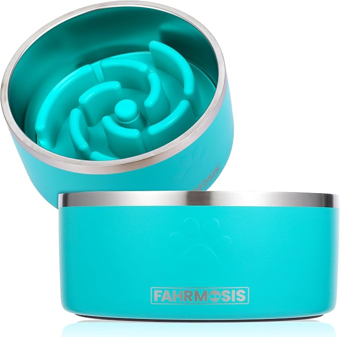 FAHRMOSIS 64 OZ Dog Bowl with Slow Feeder Insert Stainless Steel Pet Water Bowl for Medium & Large Breed Non Slip Rubber Base & Plastic Puzzle Feeder - Teal by Fahrmosis