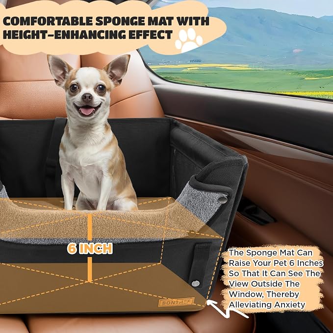 BONTHEE Elevated Dog Car Booster Seat for Dogs & Cats up to 35LB, 6-Inch Memory Foam Pet Booster Seat, Side Breathable Mesh,Portable Travel-Safe Bed for Cars,Elevated Car Seat for Small Medium Dogs - Image 7