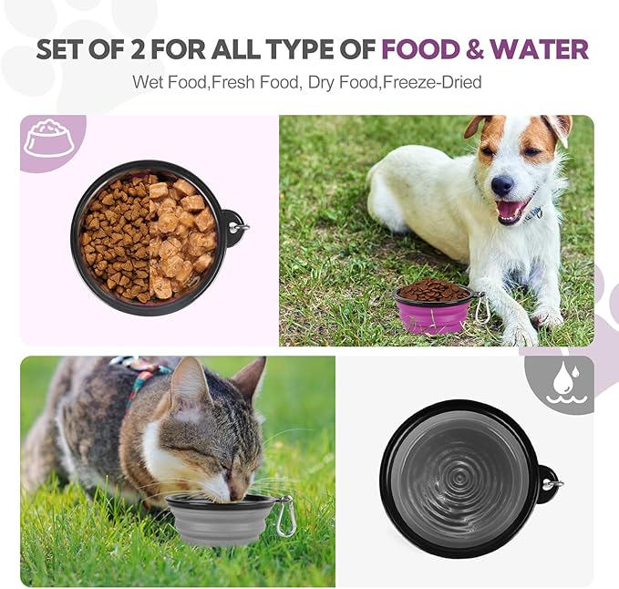 Collapsible Dog Bowl for Travel,2-Pack 12oz Pet Portable Water Food Bowls | Silicone Pet Foldable Bowl with 2 Carabiner Clips, Travel Water Bowl, Food Dishes Bowl, for Camping, Hiking, Walking - Image 2
