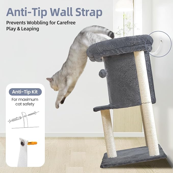 Cat Tree Tower Scratching Post for Indoor Large Adult Cats with Perch Bed | 28in Tall Small Cat Trees House with Big Perch, Condo, Toy Balls, Modern Kitten Climbing Furniture Platform, Dark Gray - Image 8