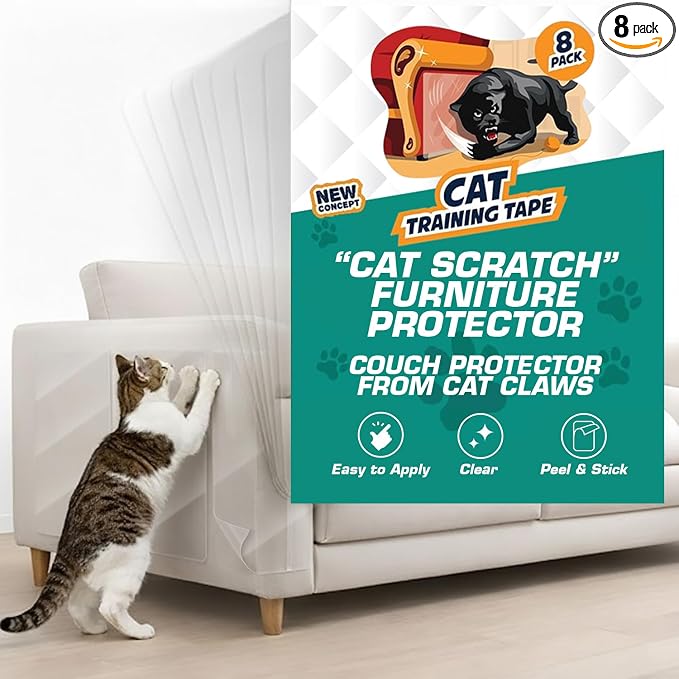 Panther Armor Cat Scratch Furniture Protector, 8 Double-Sided Tape Sheets | Double-sided sticky tape cats dislike touching. Clear couch, sofa and chair corner guard. 4 XL, 4 large by PantherArmor