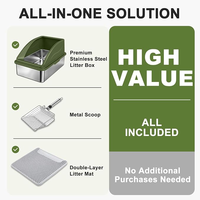AIPERRO Stainless Steel Litter Box | XL Enclosed Metal Cat Litter Boxes | High Sided with Lid for Big Cats | Anti-Urine Leakage | Non-Stick Bottom & Includes Litter Mat & Metal Scoop (Olive Green) - Image 2