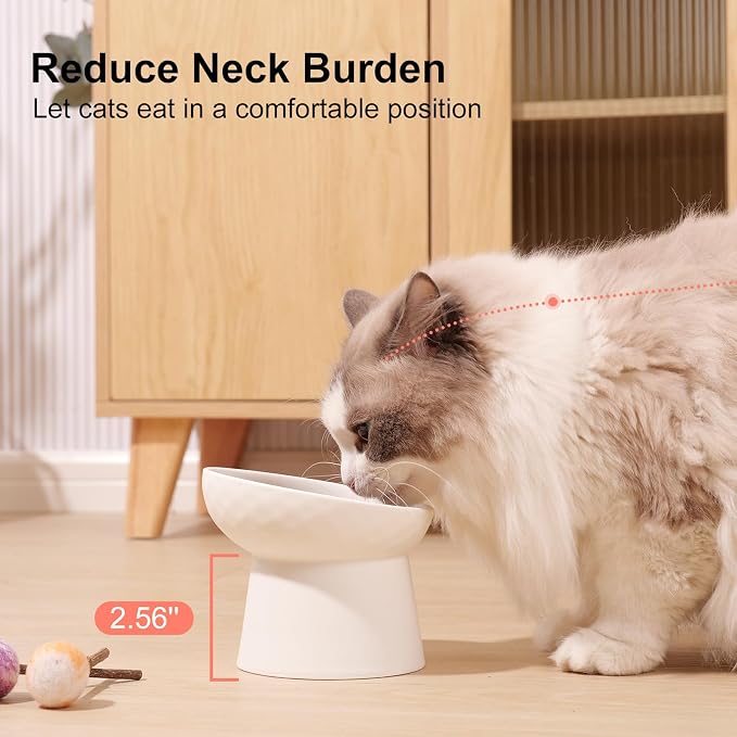 YauYik Ceramic Raised Cat Bowls, Elevated Tilted Cat Food and Water Bowls Set, Stress Free Pet Feeding Dish for Indoor Cats and Small Dogs, Anti Vomiting, White, 2 Pack - Image 2