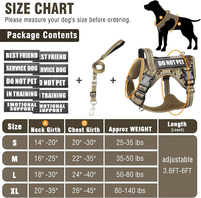 Tactical Dog Harness and Leash Set with 10 Patches for Medium Dogs | Heavy Duty No Pull Service Animal Dog Vest with Dog Seat Belt ,Adjustable Reflective Easy Walk for Training Hiking Camo M - Image 6