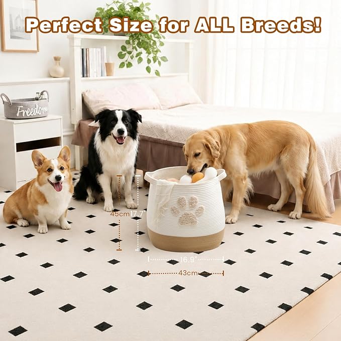Large 17.7" Cotton Rope Pet Toy Storage Basket with Cute Paw Print - Woven Dog Toy Bin & Cat Organizer - Soft Round Hamper for Puppy Blankets, Treats, Nursery & Living Room Storage - Image 2