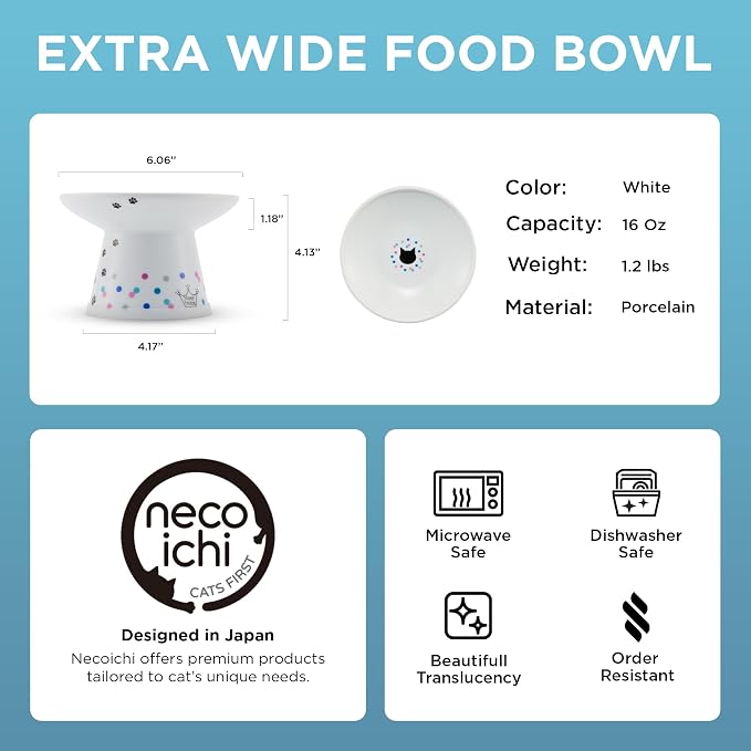 Necoichi Ceramic Raised Cat Food Bowl (Colorful Dots, Large Extra Wide) - Image 2