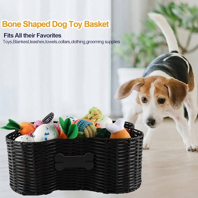 Pet Dog Toy Basket,Dog Bone Shape,Wicker Storage Bin for Dog Cat Toys with DIY Tag,Dog Toy Organizer Holder Boxes for Living Room,Handmade Poly Wicker Basket - Image 2