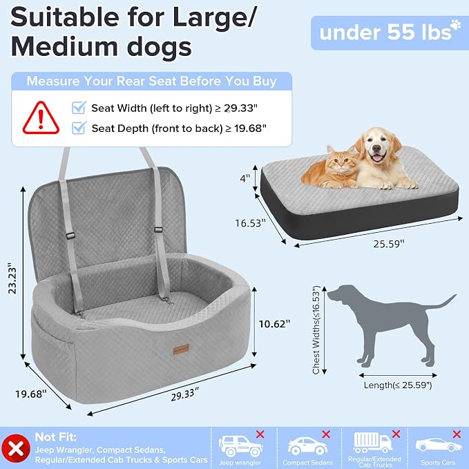 BLVRYVIO Large Dog Car Seat for Medium Sized Dogs Under 55lbs or 2 Smalls | Double Pet Booster Dog Seat for Car with 4" Memory Foam for Back Seat, Triple Safety Belts, Storage Pockets, Washable, Gray - Image 2