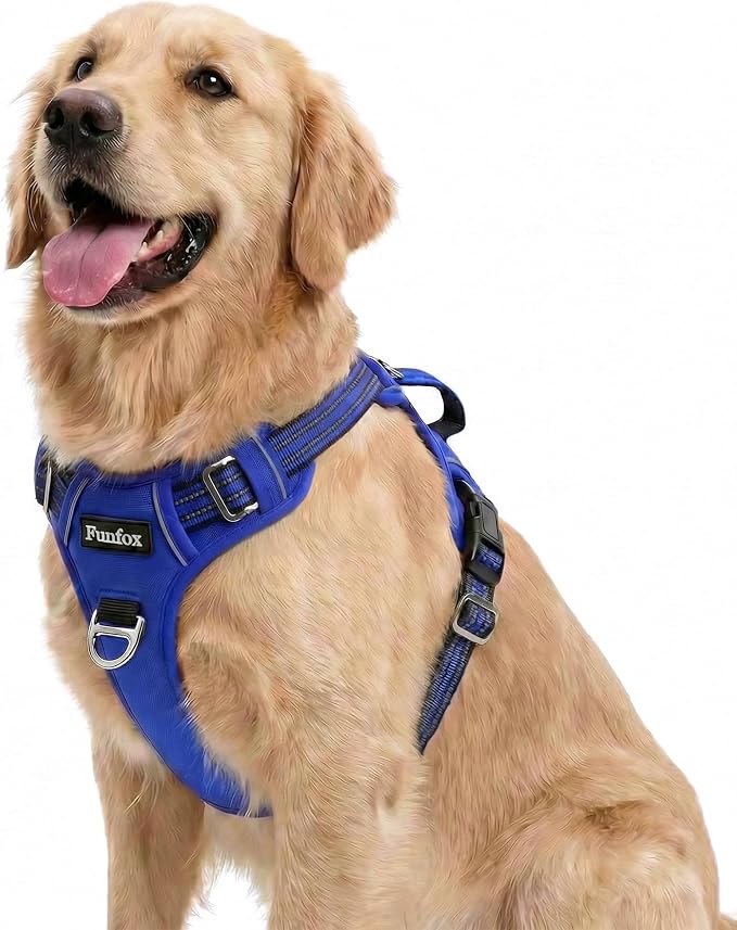 Dog Harness No Pull, Adjustable Pet Vest Harness, Super Soft Material with Vertical Handle Easy Control, Reflective Night Walking, 2 Leash Clips for Large Dogs, Blue, L by MyFUNFOX
