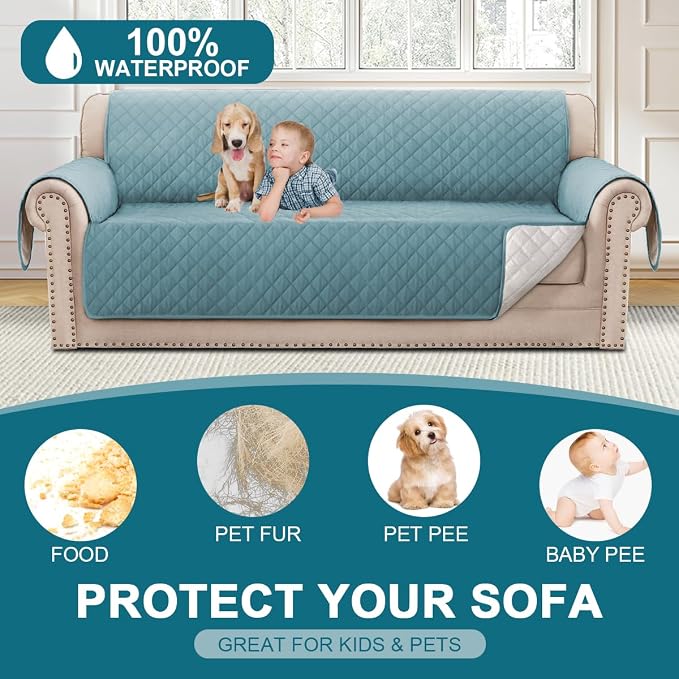 Turquoize 100% Waterproof Sofa Covers Couch Cover Sofa Cover for Dogs Couch Protector Triple Non-Slip Sofa Slipcover for 3 Cushion Couch Furniture Protector for Pets, Kids (XL Sofa 78", Stone Blue) - Image 2