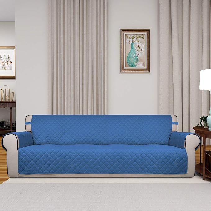 PureFit Reversible Quilted Couch Covers for Dogs Sofa Cover 4 Seater 88" | Blue/Ivory, Water Resistant Couch Protector, Washable Pet Couch Cover with Non Slip and Elastic Straps For Kids - Image 2