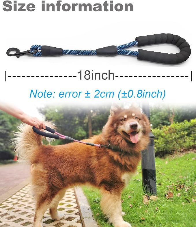 Short Dog Leash 18 Inch Rope Traffic Lead with Padded Handle | 1.5FT Lead 1/2” Strong Nylon Tab for Medium Large Dogs Training Walking (Blue) - Image 3