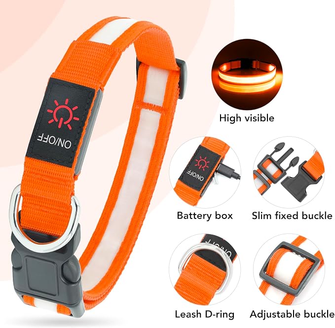 Vizpet LED Dog Collar, Light Up Dog Collar Adjustable USB Rechargeable Super Bright Safety Light Glowing Collars for Dogs(Large,Orange) - Image 3