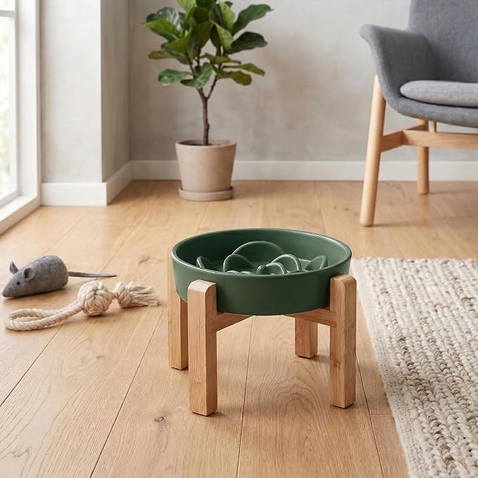 Elevated Ceramic Slow Feeder Dog Bowls Anti-Choking Slow Feeding for Medium& Large Anti-Slip Non-Lead & Toxic Durable Easy to Clean Maze Slow Feeder Bowl（8.66in Olive Green Flower Pattern） - Image 7