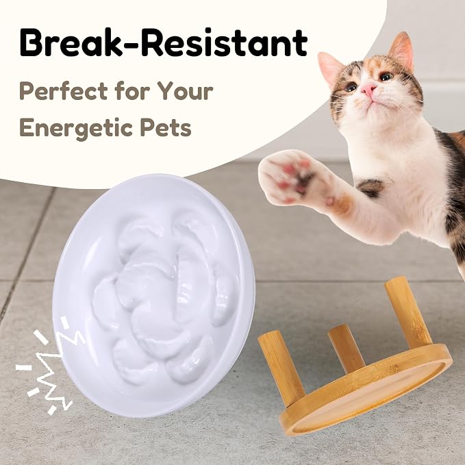 Slow Feeder Bowl, 6.3″ Elevated Cat Bowl with Stand, Melamine Wide Shallow Food Bowl, Whisker-Friendly Raised Plate, Wet Food Feeder for Slow Eating (White) - Image 6